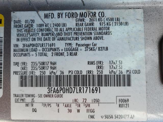 3FA6P0HD7LR171691 - 2020 FORD FUSION SE SILVER photo 12