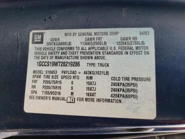 1GCCS19W728219286 - 2002 CHEVROLET S TRUCK S10 BLUE photo 12