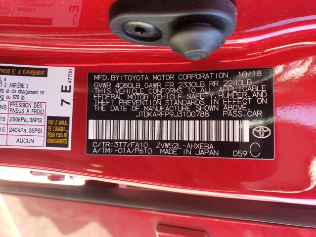 JTDKARFP9J3100788 - 2018 TOYOTA PRIUS PRIM 红色 照片 13