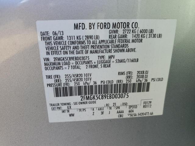 2FMGK5C89EBD03075 - 2014 FORD FLEX SEL SILVER photo 13