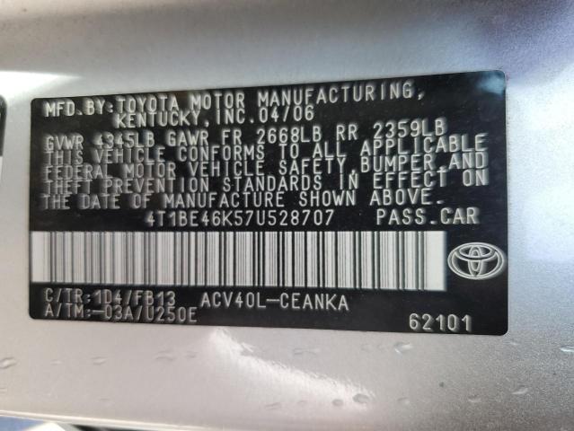 4T1BE46K57U528707 - 2007 TOYOTA CAMRY CE SILVER photo 12