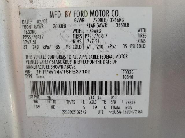 1FTPW14V18FB37109 - 2008 FORD F150 SUPERCREW SILVER photo 12