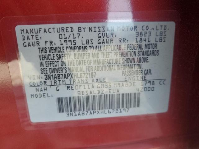 3N1AB7APXHL672197 - 2017 NISSAN SENTRA S RED photo 13