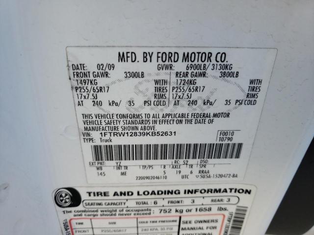 1FTRW12839KB52631 - 2009 FORD F150 SUPERCREW WHITE photo 12