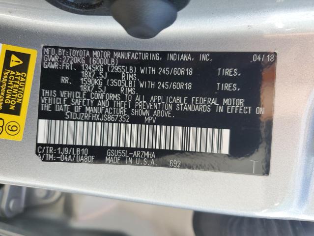 5TDJZRFHXJS867352 - 2018 TOYOTA HIGHLANDER SE SILVER photo 13