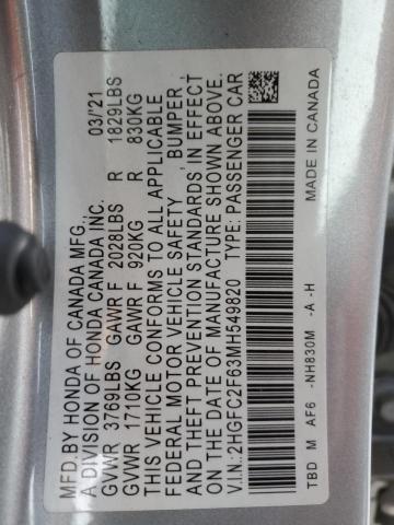 2HGFC2F63MH549820 - 2021 HONDA CIVIC LX SILVER photo 12