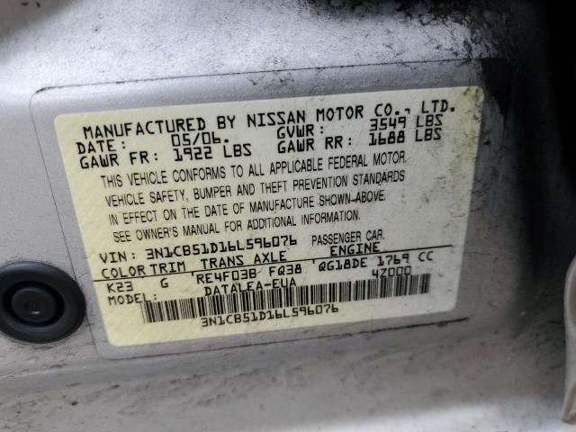 3N1CB51D16L596076 - 2006 NISSAN SENTRA 1.8 SILVER photo 12