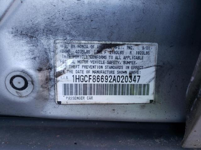 1HGCF86692A020347 - 2002 HONDA ACCORD VALUE SILVER photo 12