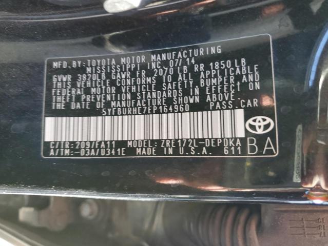 5YFBURHE7EP164960 - 2014 TOYOTA COROLLA L BLACK photo 12