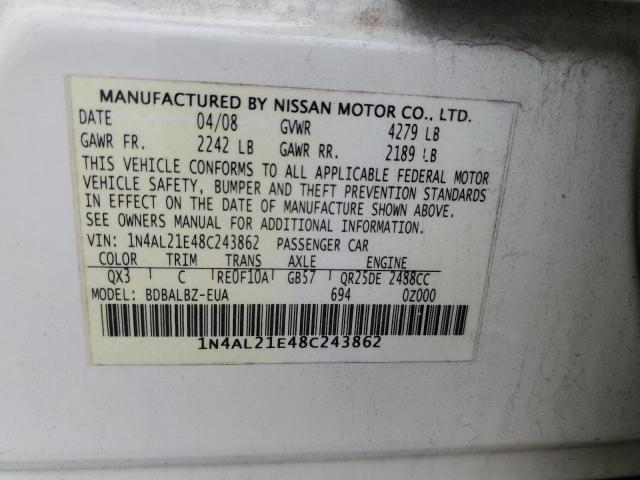 1N4AL21E48C243862 - 2008 NISSAN ALTIMA 2.5 WHITE photo 12