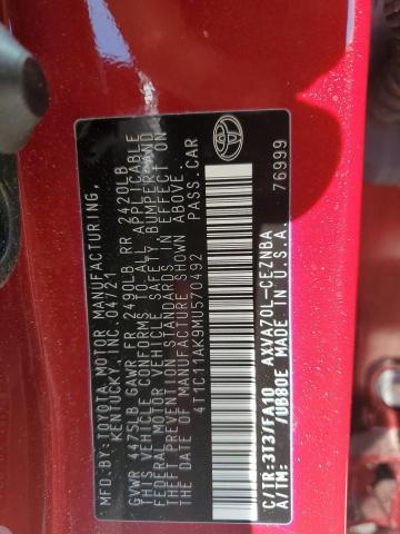 4T1C11AK9MU570492 - 2021 TOYOTA CAMRY LE RED photo 12