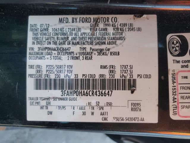 3FAHP0HA6CR436647 - 2012 FORD FUSION SE BLACK photo 12