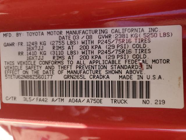 5TETU62N88Z560177 - 2008 TOYOTA TACOMA PRERUNNER ACCESS CAB RED photo 12