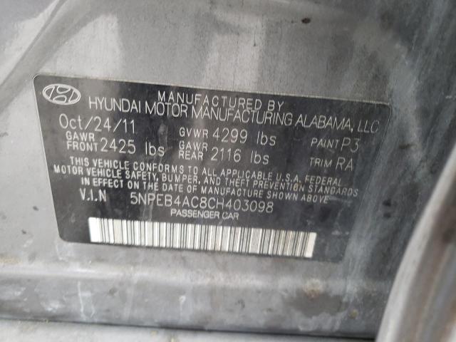 5NPEB4AC8CH403098 - 2012 HYUNDAI SONATA GLS GRAY photo 12