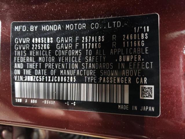 JHMZC5F1XJC006205 - 2018 HONDA CLARITY MAROON photo 13