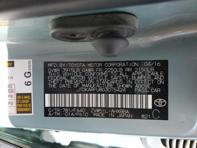 JTDKARFU8G3015424 - 2016 TOYOTA PRIUS TEAL photo 12