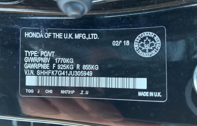 SHHFK7G41JU305949 - 2018 HONDA CIVIC SPORT 黑色 照片 10