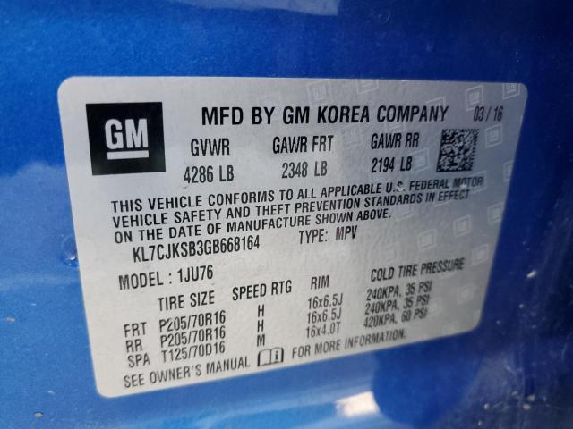 KL7CJKSB3GB668164 - 2016 CHEVROLET TRAX LS BLUE photo 13