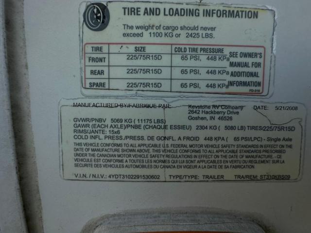 4YDT3102291530602 - 2009 KEYSTONE SPRINTER WHITE photo 10