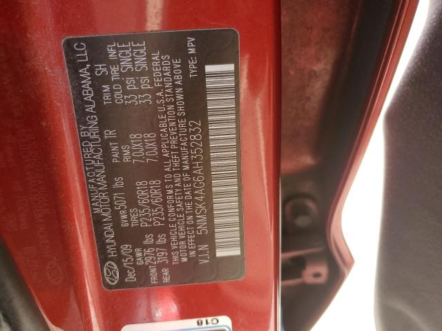 5NMSK4AG6AH352832 - 2010 HYUNDAI SANTA FE LIMITED RED photo 12