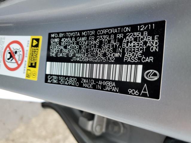 JTHKD5BHXC2075132 - 2012 LEXUS CT 200 SILVER photo 12