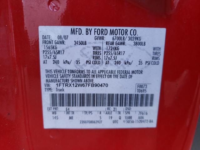 1FTRX12W67FB90470 - 2007 FORD F150 RED photo 12