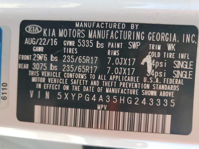 5XYPG4A35HG243335 - 2017 KIA SORENTO LX WHITE photo 13