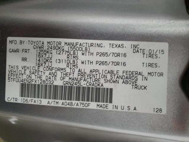 5TFUU4EN2FX128032 - 2015 TOYOTA TACOMA ACCESS CAB ვერცხლისფერი ფოტო 12