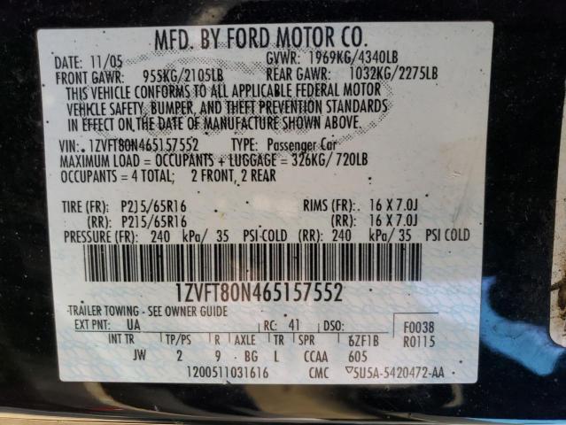 1ZVFT80N465157552 - 2006 FORD MUSTANG BLACK photo 12