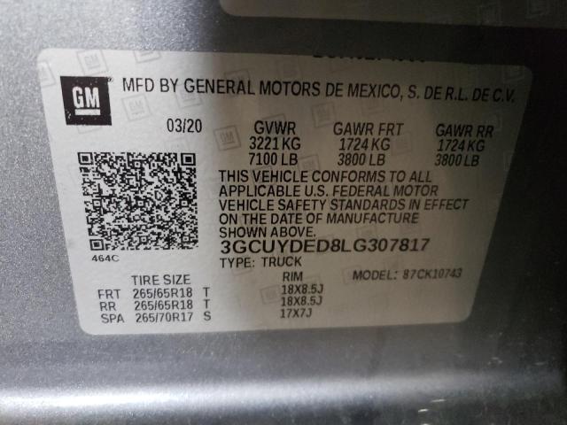 3GCUYDED8LG307817 - 2020 CHEVROLET SILVERADO K1500 LT GRAY photo 12