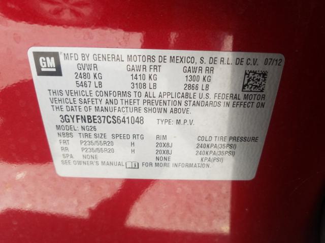 3GYFNBE37CS641048 - 2012 CADILLAC SRX PERFORMANCE COLLECTION Қызыл фото 10