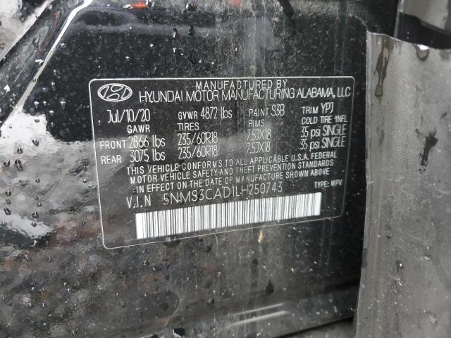 5NMS3CAD1LH250743 - 2020 HYUNDAI SANTA FE SEL BLACK photo 13