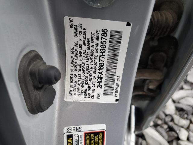 2HGFA16877H305786 - 2007 HONDA CIVIC EX SILVER photo 12