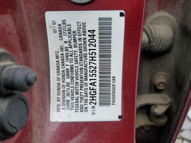 2HGFA15527H512044 - 2007 HONDA CIVIC LX RED photo 13