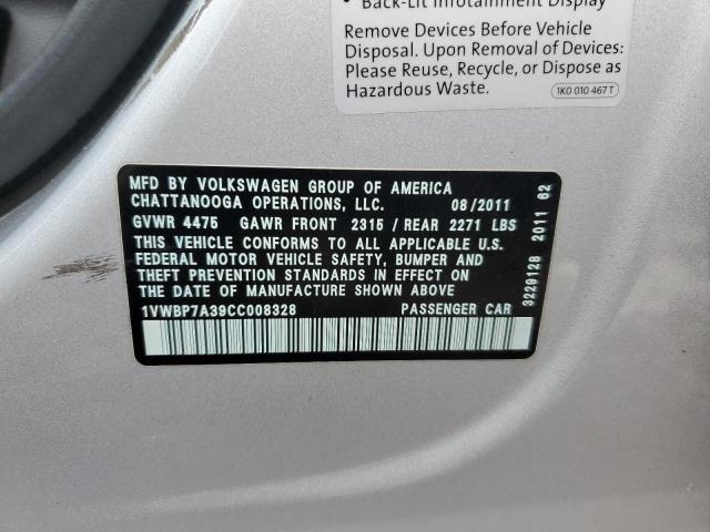 1VWBP7A39CC008328 - 2012 VOLKSWAGEN PASSAT SE 银色 照片 12