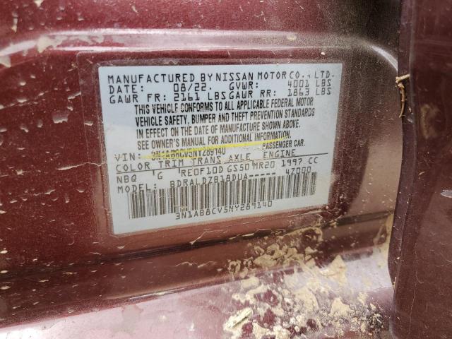 3N1AB8CV5NY289140 - 2022 NISSAN SENTRA SV MAROON photo 12