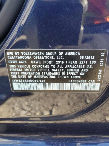 1VWAP7A33DC017572 - 2013 VOLKSWAGEN PASSAT S BLUE photo 12