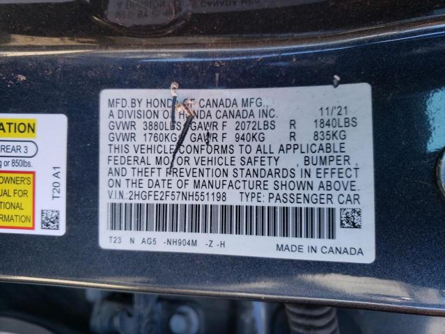 2HGFE2F57NH551198 - 2022 HONDA CIVIC SPORT 灰色 照片 12