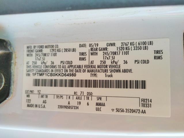 1FTMF1CB0KKD64980 - 2019 FORD F150 WHITE photo 12