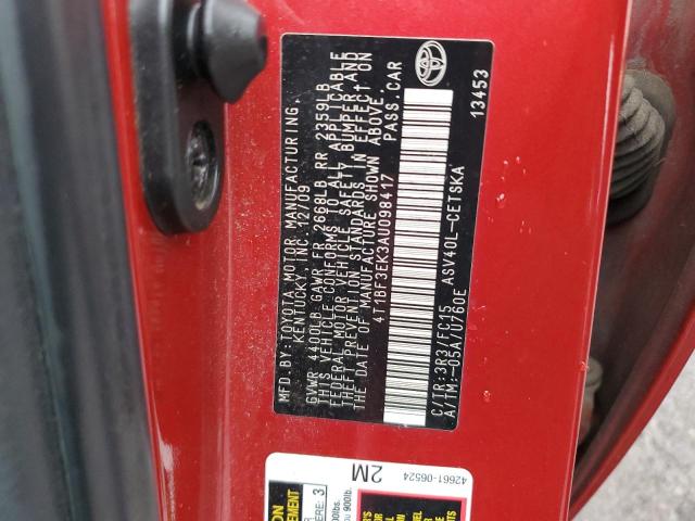 4T1BF3EK3AU098417 - 2010 TOYOTA CAMRY BASE RED photo 12