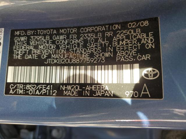 JTDKB20U887759273 - 2008 TOYOTA PRIUS BLUE photo 12