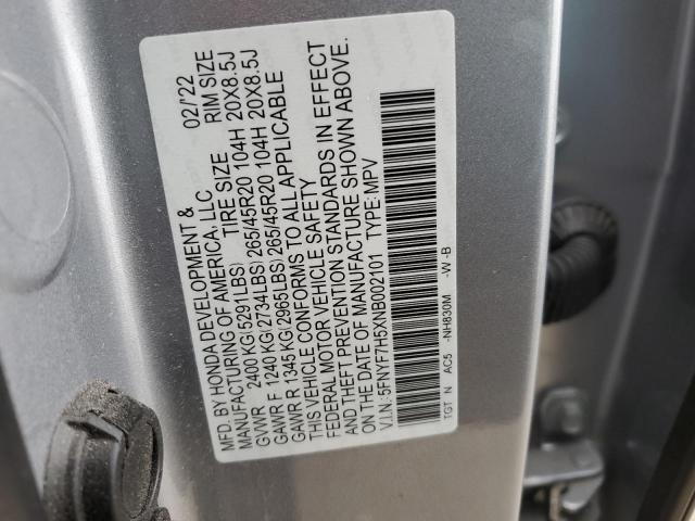 5FNYF7H5XNB002101 - 2022 HONDA PASSPORT EXL GRAY photo 14
