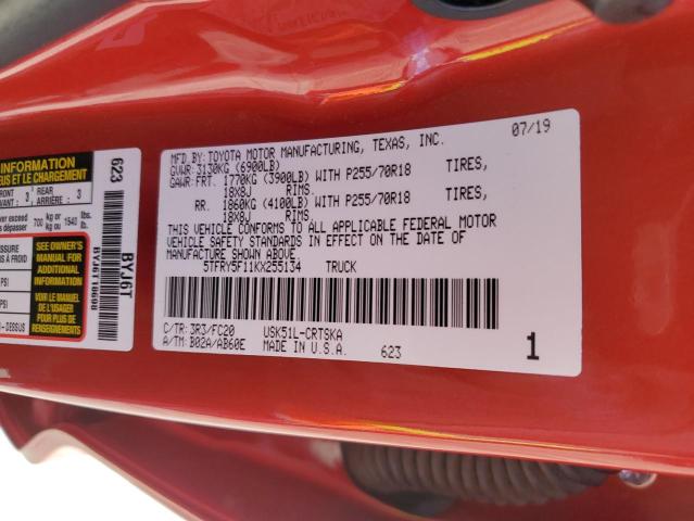 5TFRY5F11KX255134 - 2019 TOYOTA TUNDRA DOUBLE CAB SR/SR5 RED photo 12