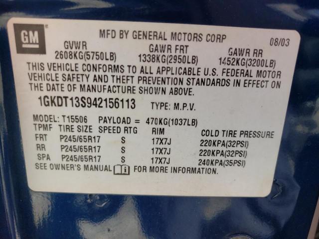 1GKDT13S942156113 - 2004 GMC ENVOY BLUE photo 12