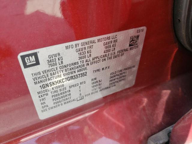 1GNSKHKC7GR337352 - 2016 CHEVROLET SUBURBAN K1500 LT RED photo 13