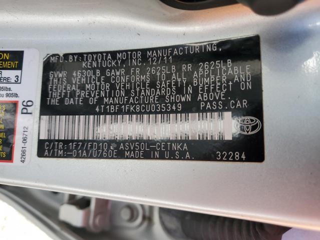 4T1BF1FK8CU035349 - 2012 TOYOTA CAMRY BASE SILVER photo 12
