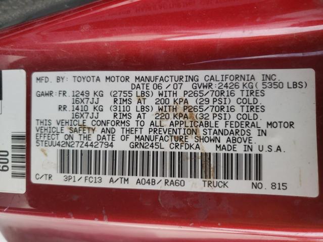 5TEUU42N27Z442794 - 2007 TOYOTA TACOMA ACCESS CAB MAROON photo 12