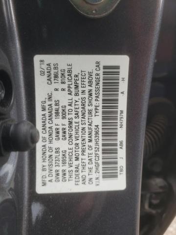 2HGFC2F52JH539654 - 2018 HONDA CIVIC LX GRAY photo 12