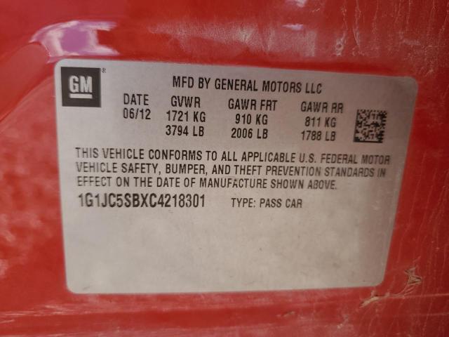 1G1JC5SBXC4218301 - 2012 CHEVROLET SONIC LT RED photo 12