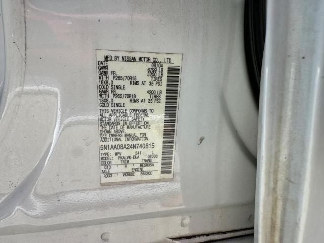 5N1AA08A24N740815 - 2004 NISSAN ARMADA SE WHITE photo 10